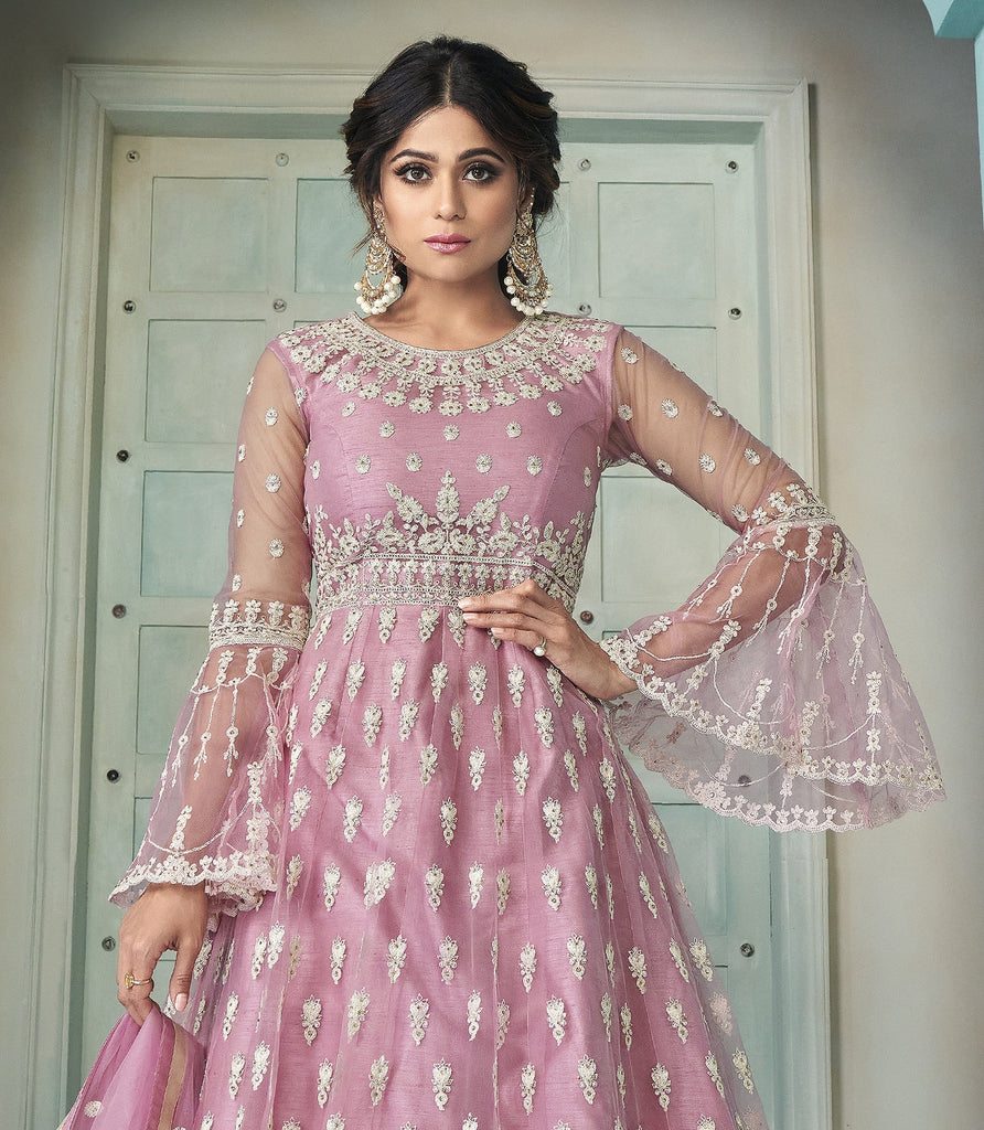 Pale Lavender Designer Embroidered Lehenga Style Anarkali Suit-Saira's Boutique