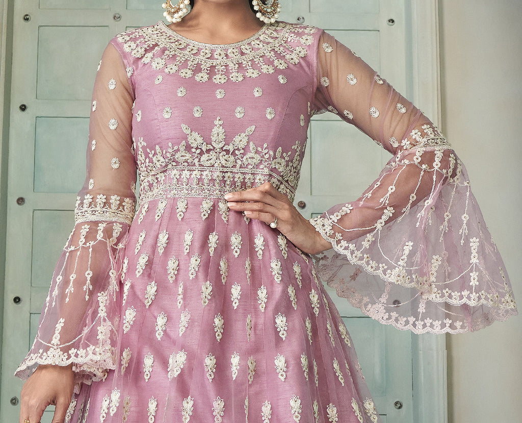 Pale Lavender Designer Embroidered Lehenga Style Anarkali Suit-Saira's Boutique