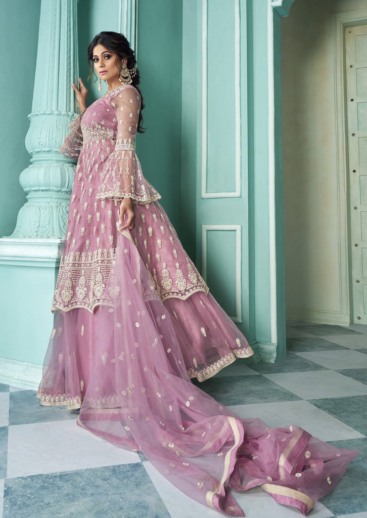 Pale Lavender Designer Embroidered Lehenga Style Anarkali Suit-Saira's Boutique