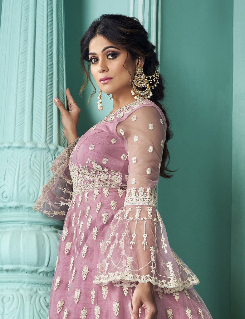 Pale Lavender Designer Embroidered Lehenga Style Anarkali Suit-Saira's Boutique