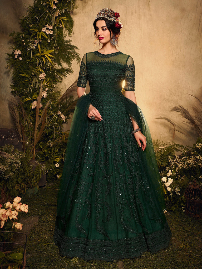 Palm Green Designer Heavy Embroidered Wedding Anarkali Gown-Saira's Boutique