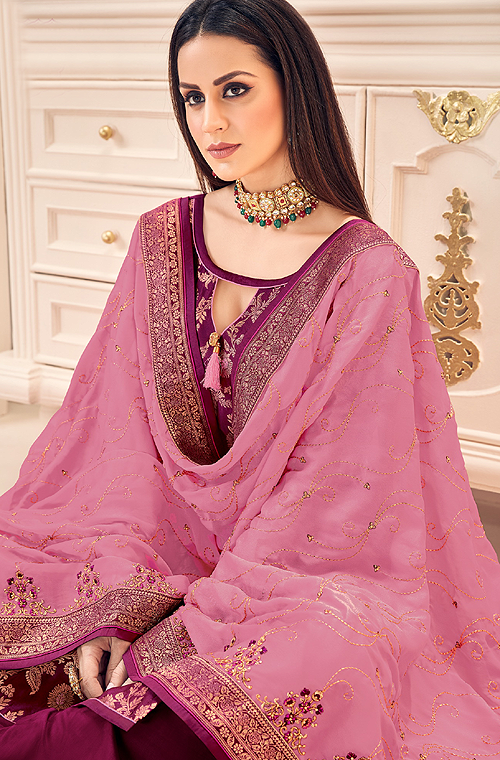 Pansy Purple & Blush Pink Designer Embroidered Silk Jacquard Palazzo Suit-Saira's Boutique