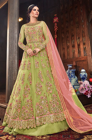 Gray & Gold Designer Embroidered Silk Bridal Anarkali Gown