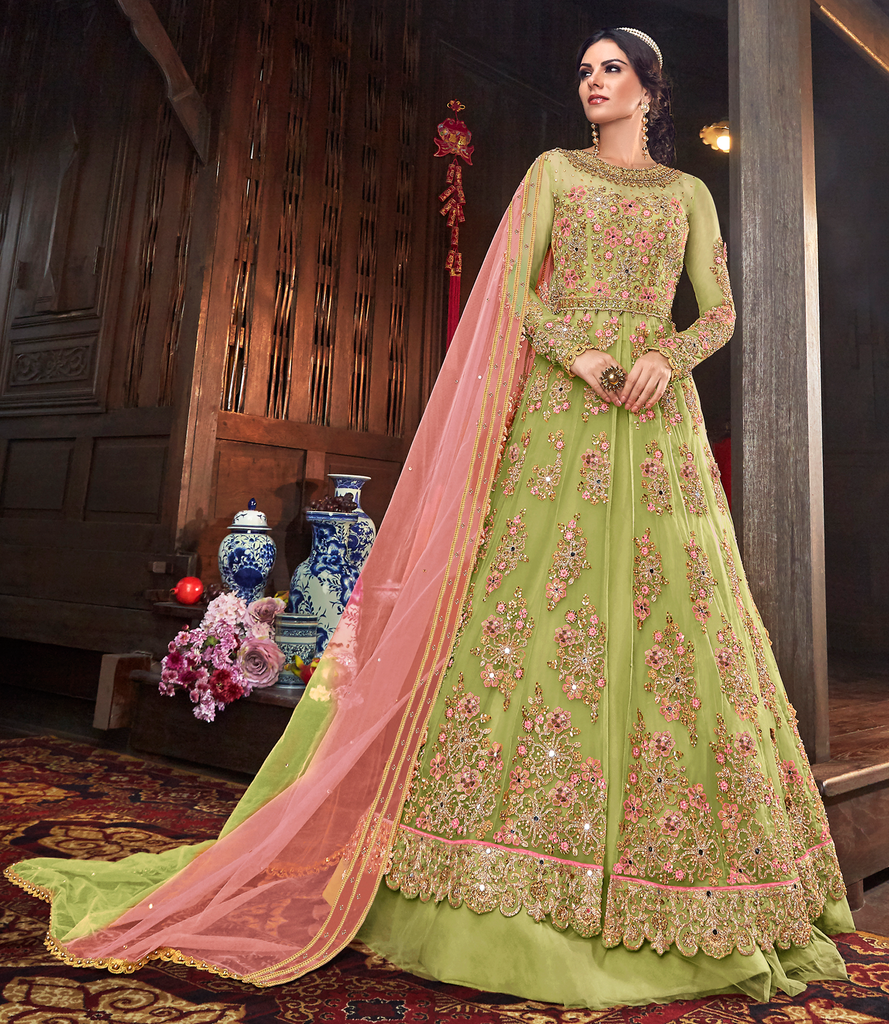 Parrot Green & Pink Designer Heavy Embroidered Bridal Anarkali Gown-Saira's Boutique