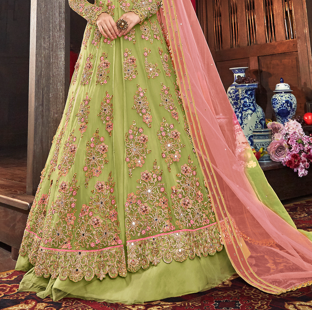 Parrot Green & Pink Designer Heavy Embroidered Bridal Anarkali Gown-Saira's Boutique