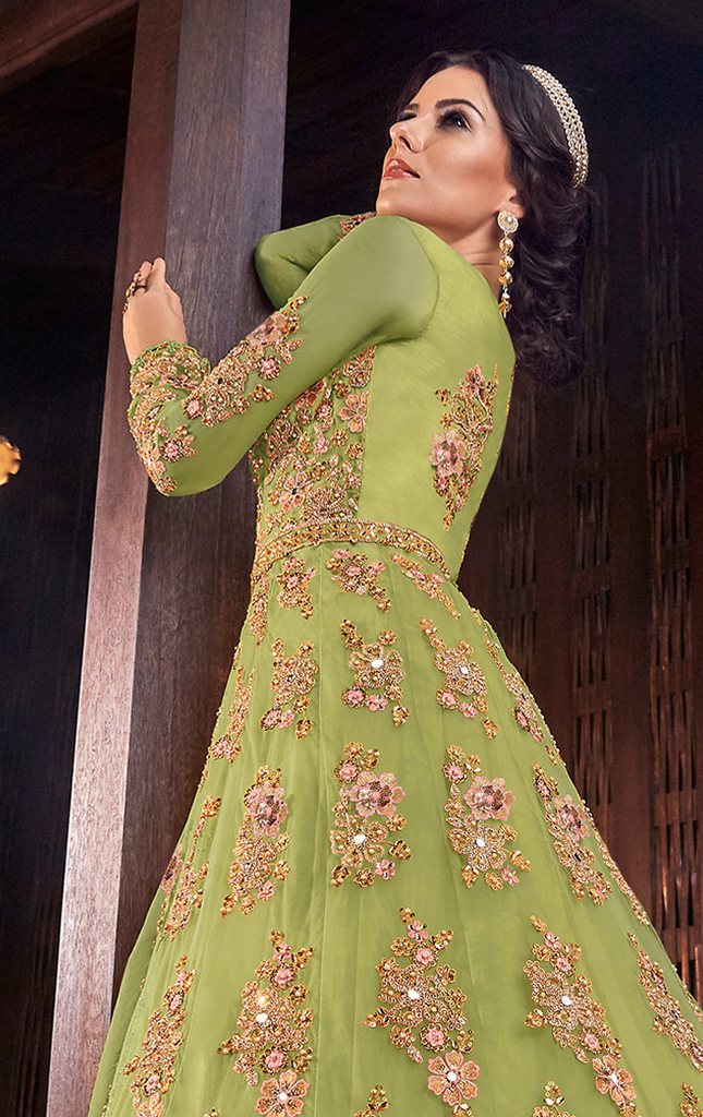 Parrot Green & Pink Designer Heavy Embroidered Bridal Anarkali Gown-Saira's Boutique