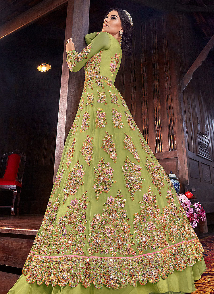 Parrot Green & Pink Designer Heavy Embroidered Bridal Anarkali Gown-Saira's Boutique