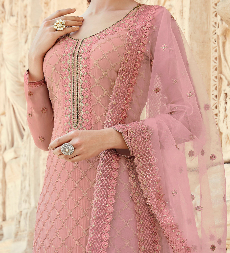 Pastel Pink Designer Embroidered Georgette Sharara Suit | Saira's ...
