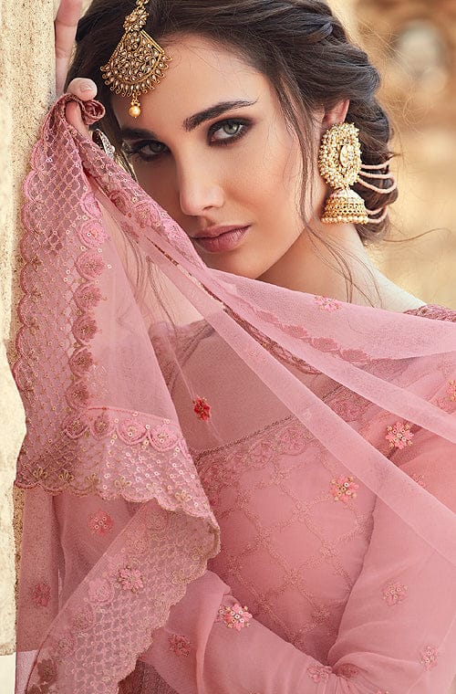 Pastel Pink Designer Embroidered Georgette Sharara Suit-Saira's Boutique