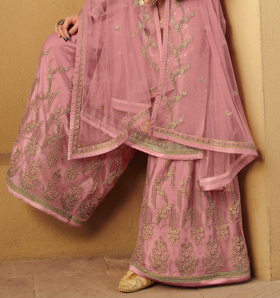 Pastel Pink Designer Embroidered Jacquard Wedding Palazzo Suit-Saira's Boutique