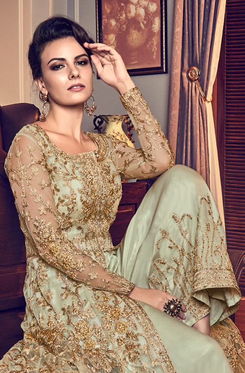Pastel Green Designer Embroidered Net Palazzo Style Bridal Anarkali-Saira's Boutique