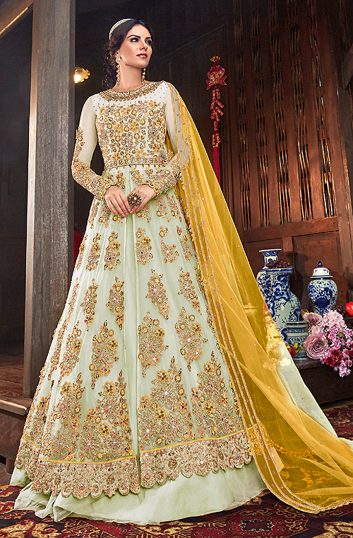 Yellow Color Designer Anarkali Gown Suits Heavy Embroidery Work Eid Wear  Pakistani Outfits Round Full Flared Anarkali Gown Net Dupatta Dress - Etsy