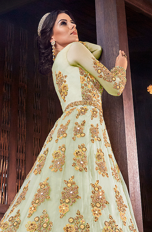 Pastel Green & Yellow Designer Heavy Embroidered Bridal Anarkali Gown-Saira's Boutique