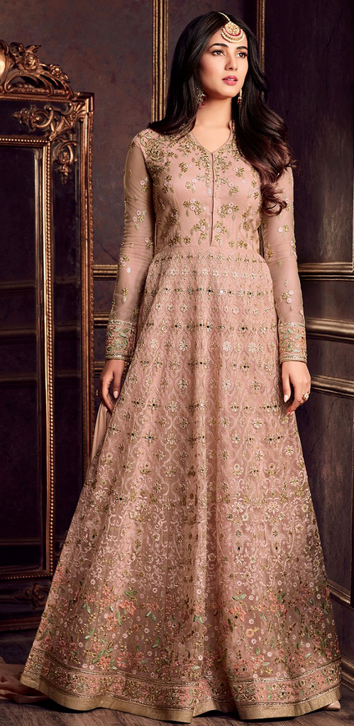 Pastel Peach Designer Embroidered Net Anarkali Suit-Saira's Boutique