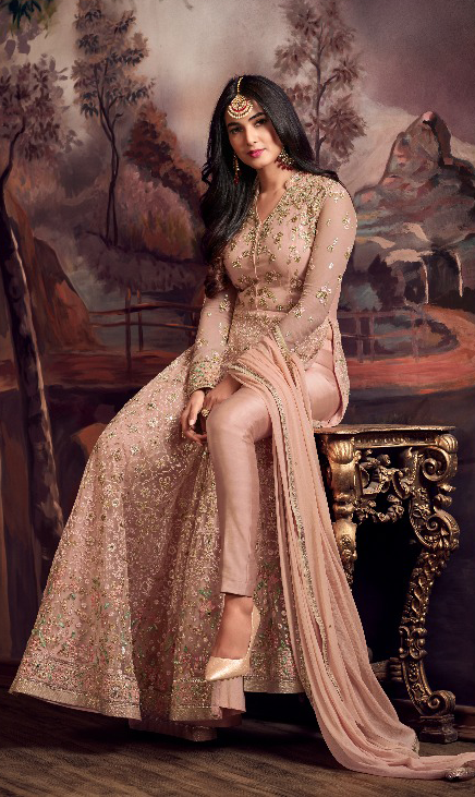 Pastel Peach Designer Embroidered Net Anarkali Suit-Saira's Boutique