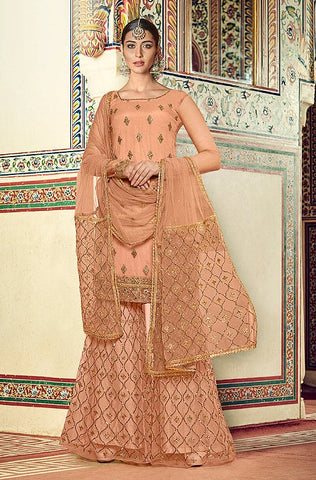 Dusty Taupe Designer Embroidered Silk Wedding Sharara Suit