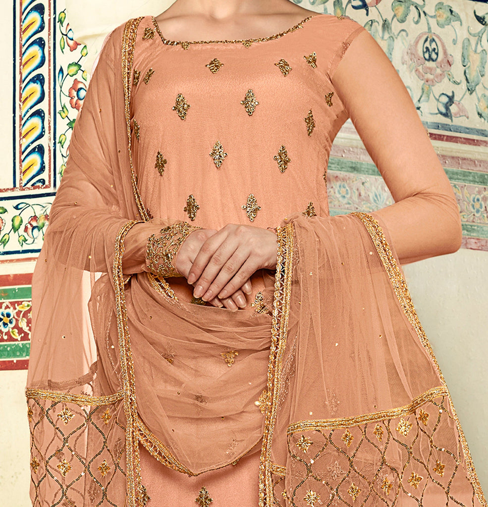 Peach Designer Embroidered Net Wedding Gharara Suit-Saira's Boutique