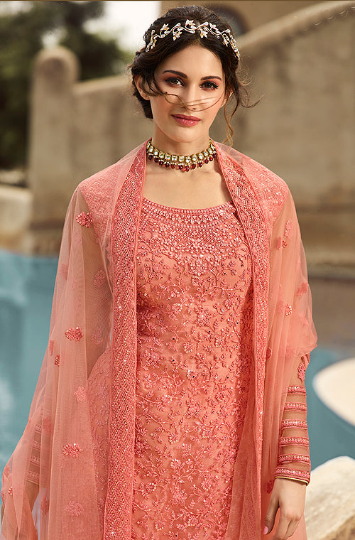 Peach Designer Embroidered Net Wedding Sharara Suit-Saira's Boutique