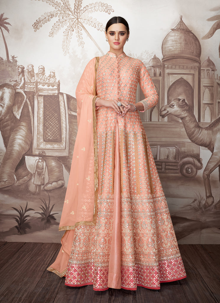 Peach Designer Heavy Embroidered Wedding Anarkali Suit-Saira's Boutique