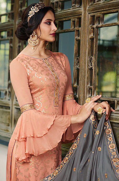 Peach & Charcoal Gray Designer Embroidered Wedding Palazzo Suit-Saira's Boutique