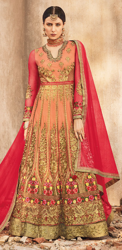Peach & Gold Designer Heavy Embroidered Net Bridal Anarkali Suit-Saira's Boutique