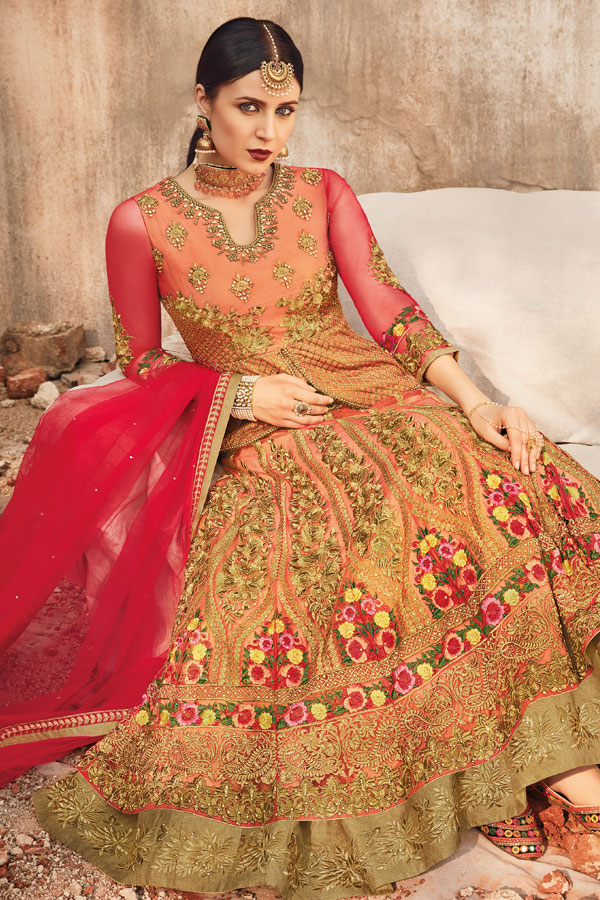 Peach & Gold Designer Heavy Embroidered Net Bridal Anarkali Suit-Saira's Boutique