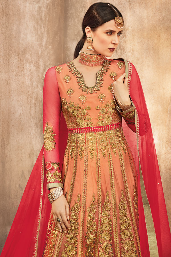 Peach & Gold Designer Heavy Embroidered Net Bridal Anarkali Suit-Saira's Boutique