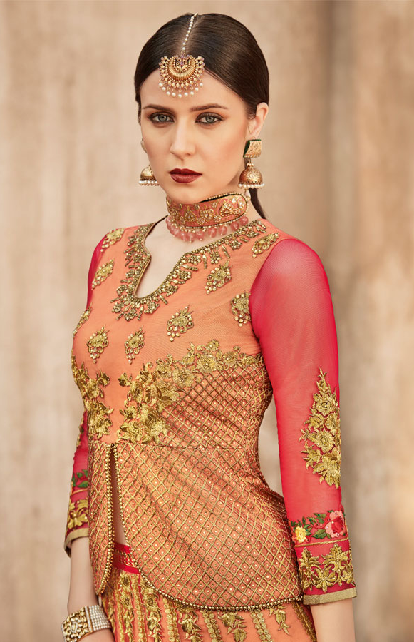 Peach & Gold Designer Heavy Embroidered Net Bridal Anarkali Suit-Saira's Boutique