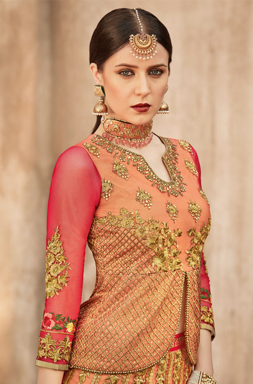 Peach & Gold Designer Heavy Embroidered Net Bridal Anarkali Suit-Saira's Boutique