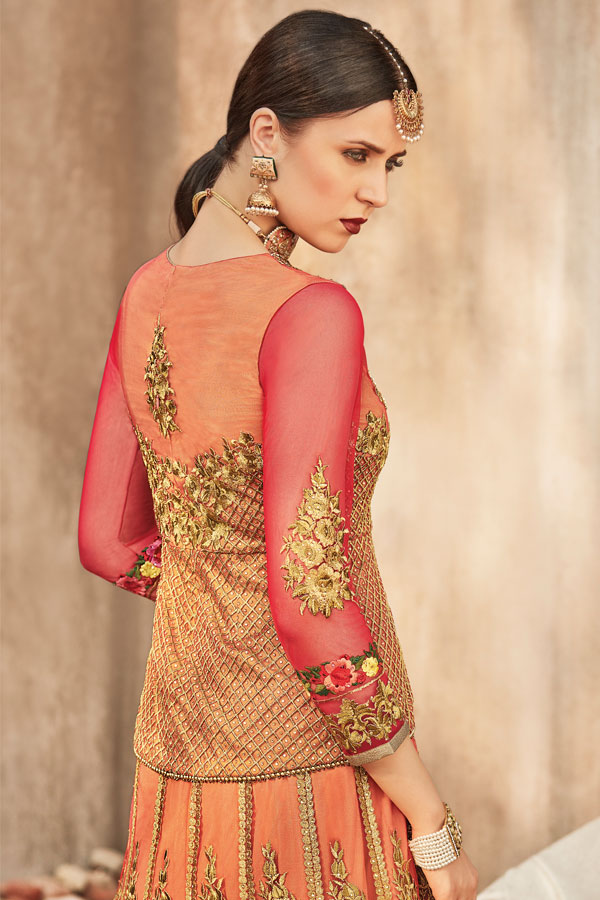 Peach & Gold Designer Heavy Embroidered Net Bridal Anarkali Suit-Saira's Boutique