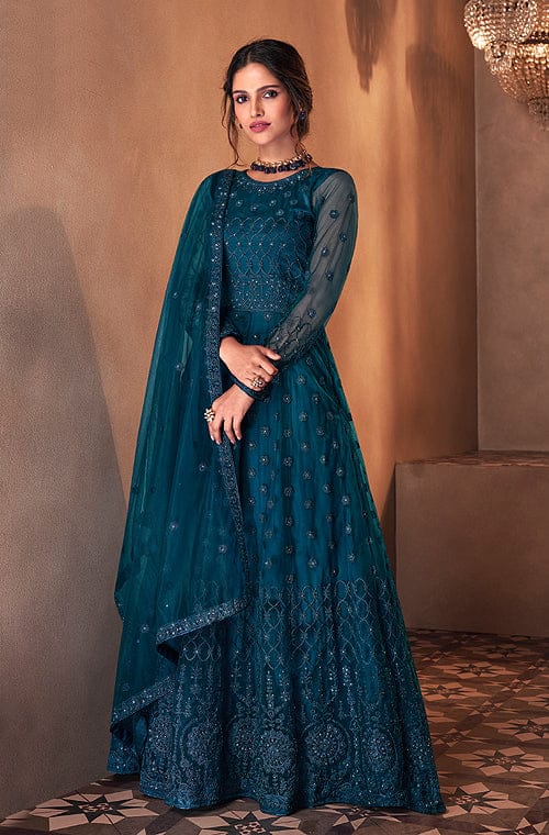 Green Partywear Embroidered Net Anarkali Suit