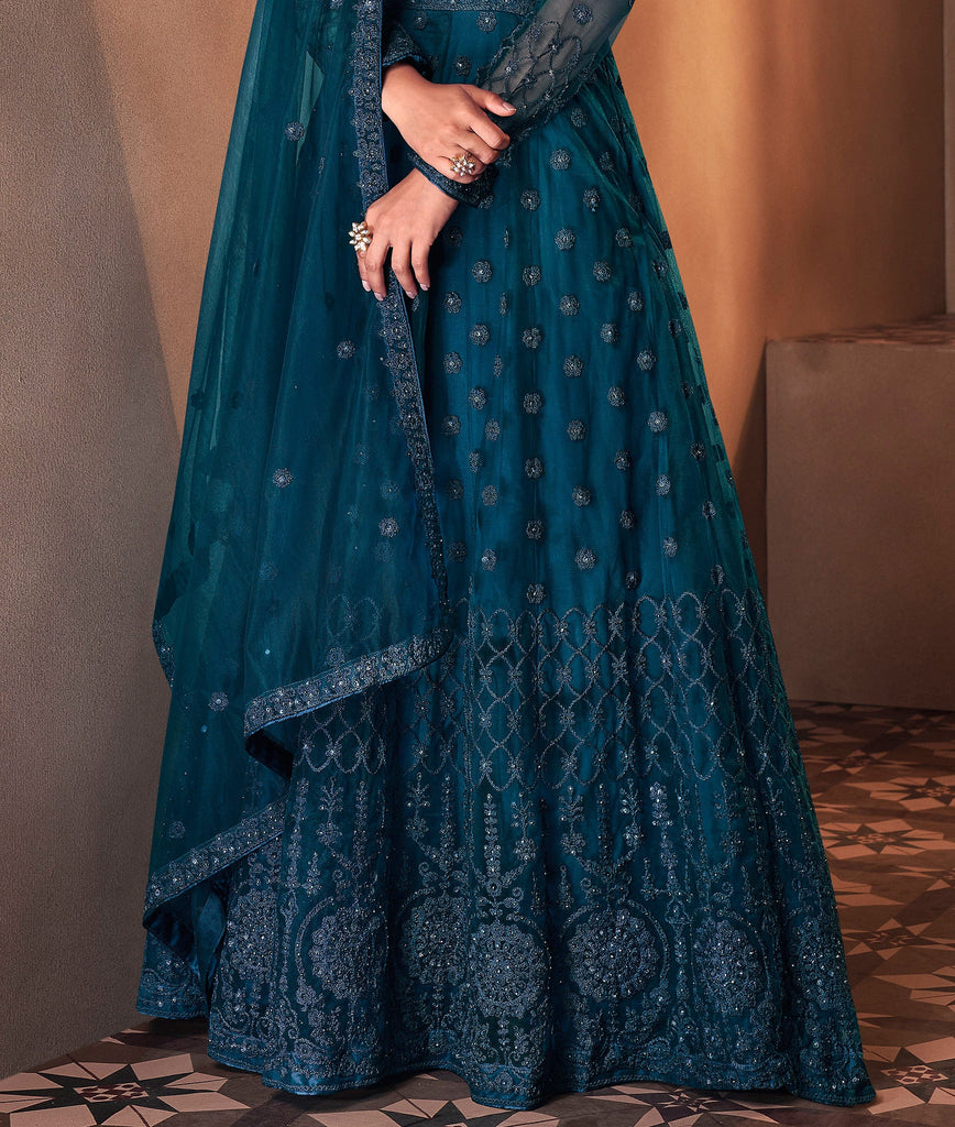 Buy Peacock Blue Zariwork Raw Silk Designer Salwar Suit - Koskii