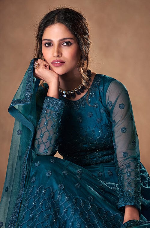 Buy Peacock Green And Navy Blue Ombre Anarkali Suit With Banarasi Dupatta  Online - Kalki Fashion