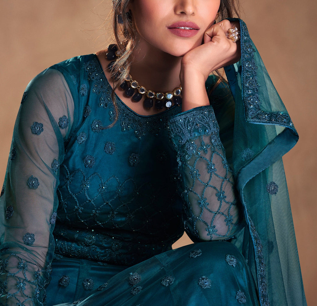 Peacock Blue Designer Embroidered Wedding Anarkali Suit-Saira's Boutique