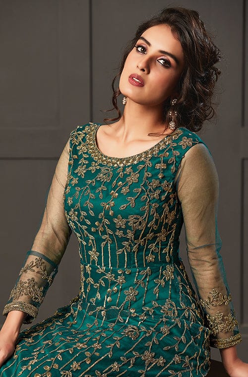 Peacock Blue Designer Heavy Embroidered Wedding Anarkali Gown-Saira's Boutique