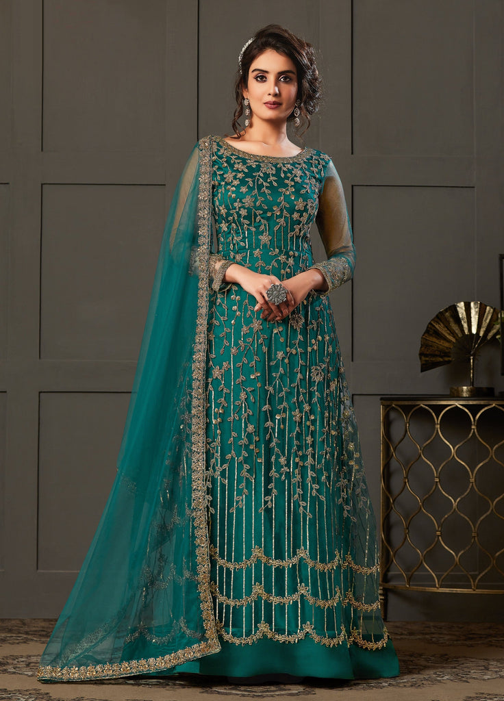 Peacock Blue Designer Heavy Embroidered Wedding Anarkali Gown-Saira's Boutique