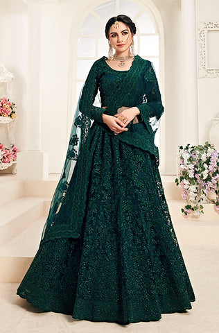 Olive Green Designer Heavy Embroidered Bridal Lehenga