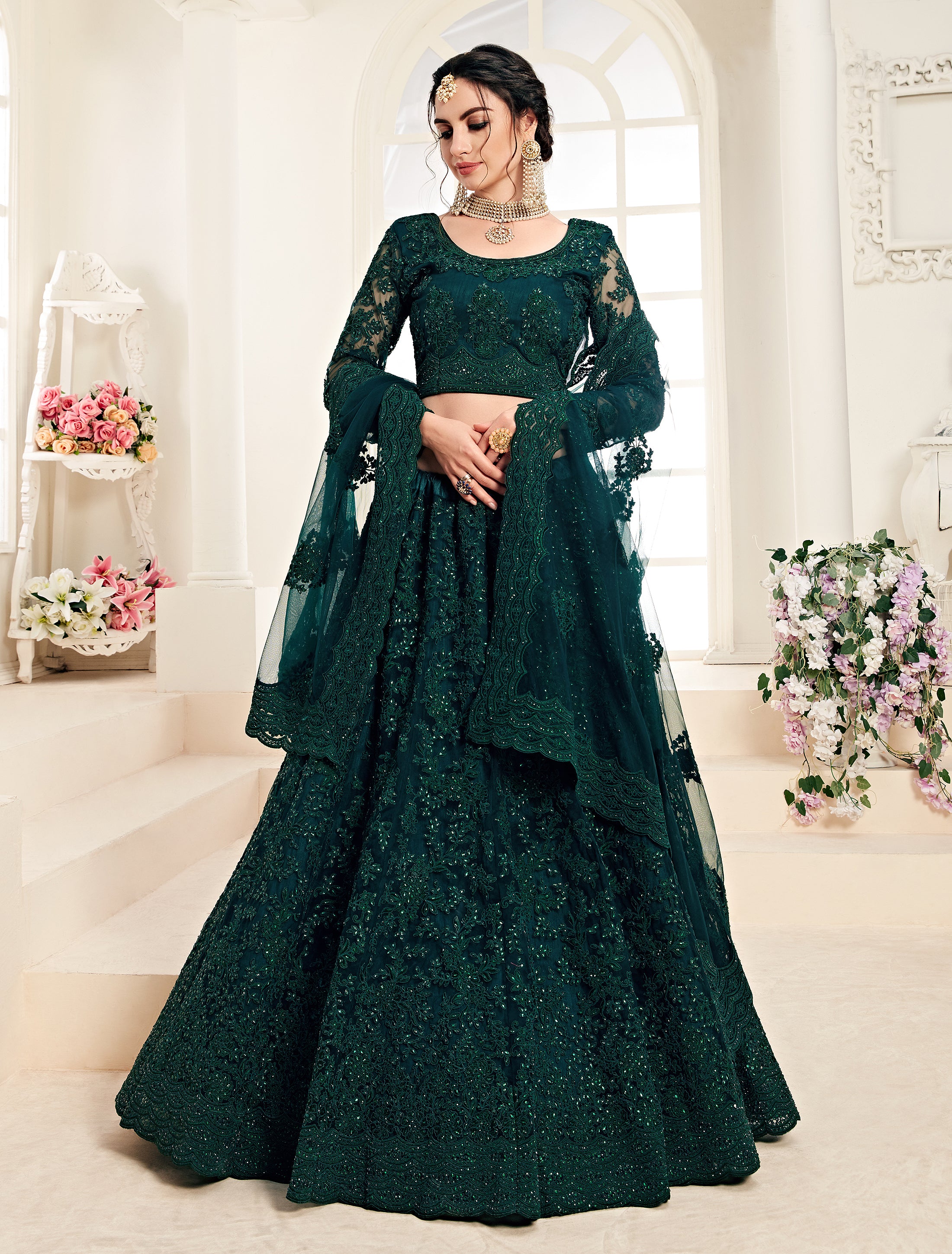 Peacock Green Designer Heavy Embroidered Bridal Lehenga | Saira's Boutique