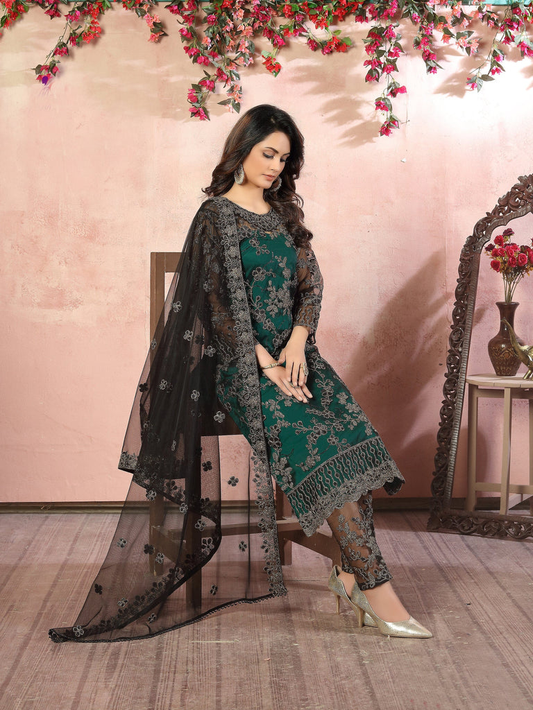 Peacock Green & Black Designer Heavy Embroidered Pant Suit-Saira's Boutique