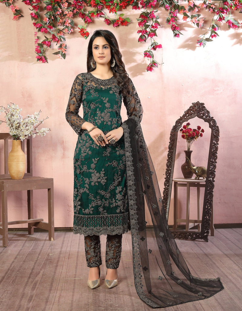 Peacock Green & Black Designer Heavy Embroidered Pant Suit-Saira's Boutique