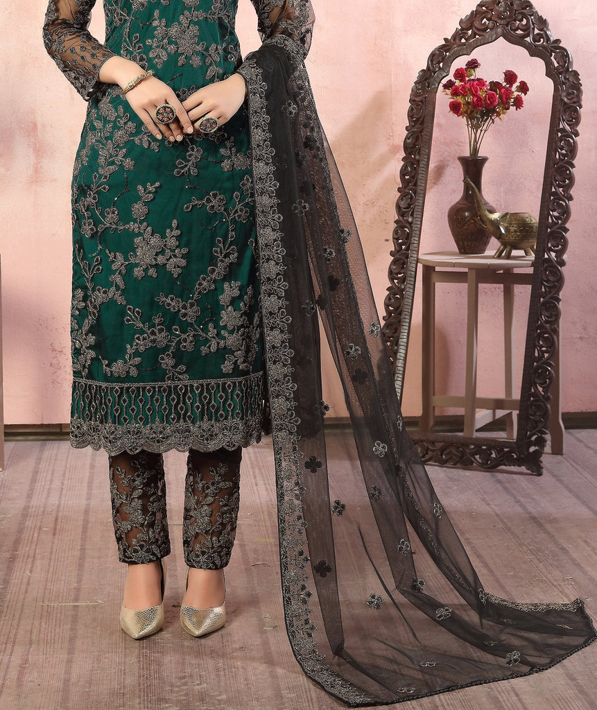 Peacock Green & Black Designer Heavy Embroidered Pant Suit-Saira's Boutique
