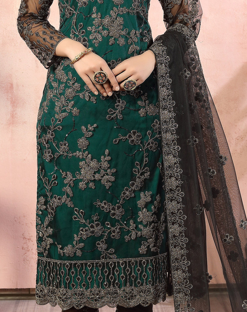 Peacock Green & Black Designer Heavy Embroidered Pant Suit-Saira's Boutique