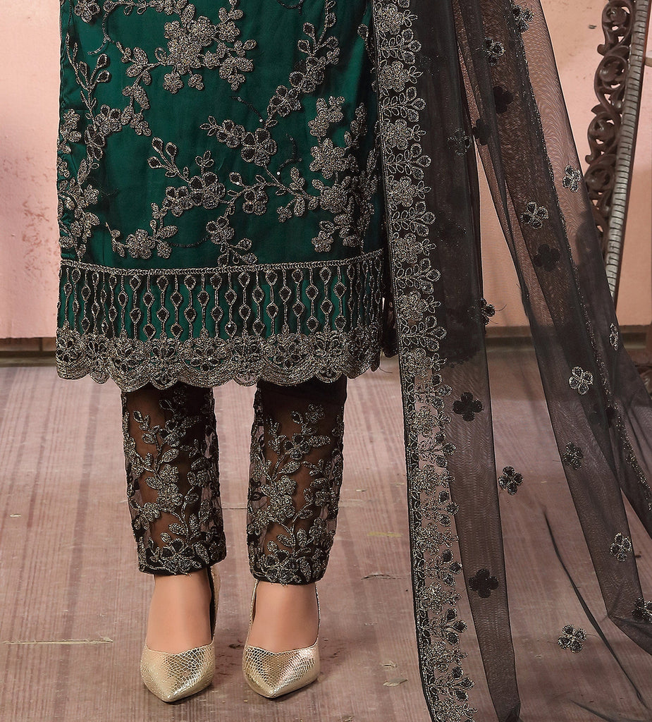 Peacock Green & Black Designer Heavy Embroidered Pant Suit-Saira's Boutique
