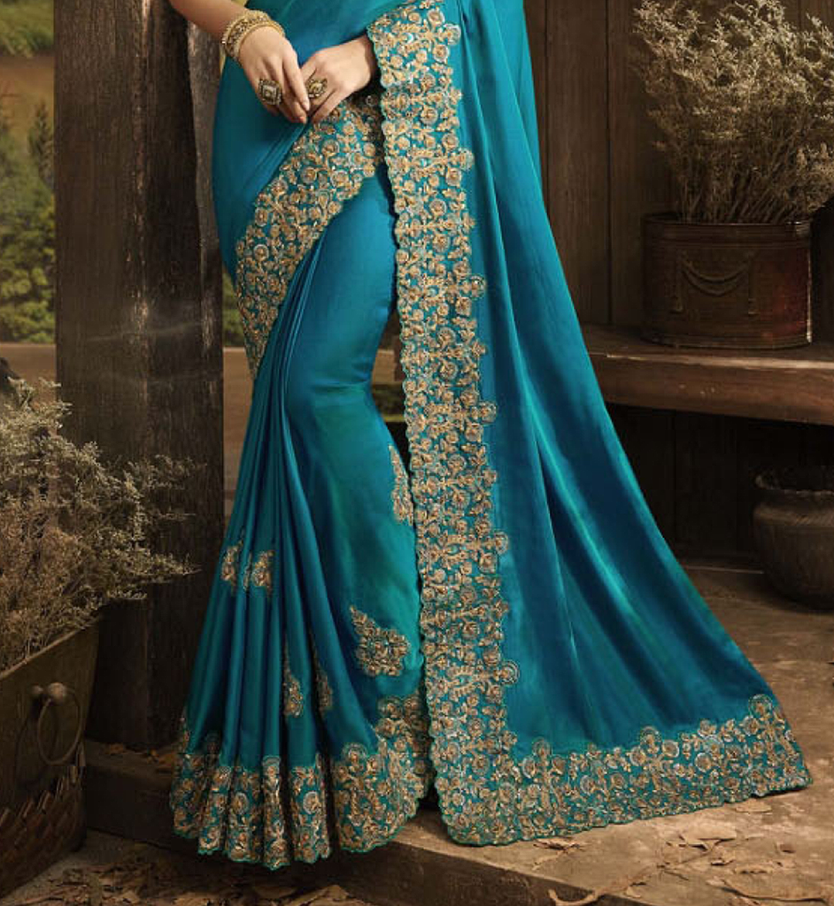 Peacock Blue Designer Embroidered Fancy Party Wear Saree-Saira's Boutique