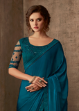 Peacock Blue Designer Embroidered Silk Party Wear Saree-Saira's Boutique