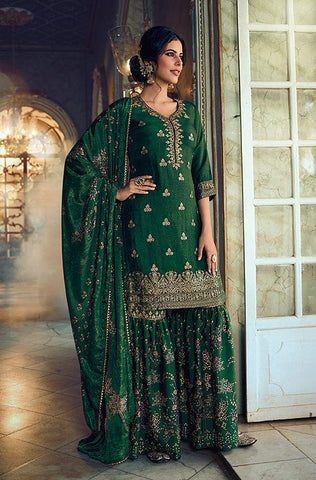Pale Mustard Designer Embroidered Heavy Chinon Party Wear Sharara Suit