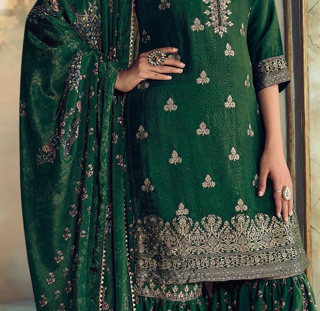Pine Green Designer Embroidered Silk Wedding Gharara Suit-Saira's Boutique
