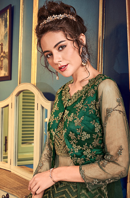 Pine Green Designer Heavy Embroidered Net Wedding Anarkali Gown-Saira's Boutique