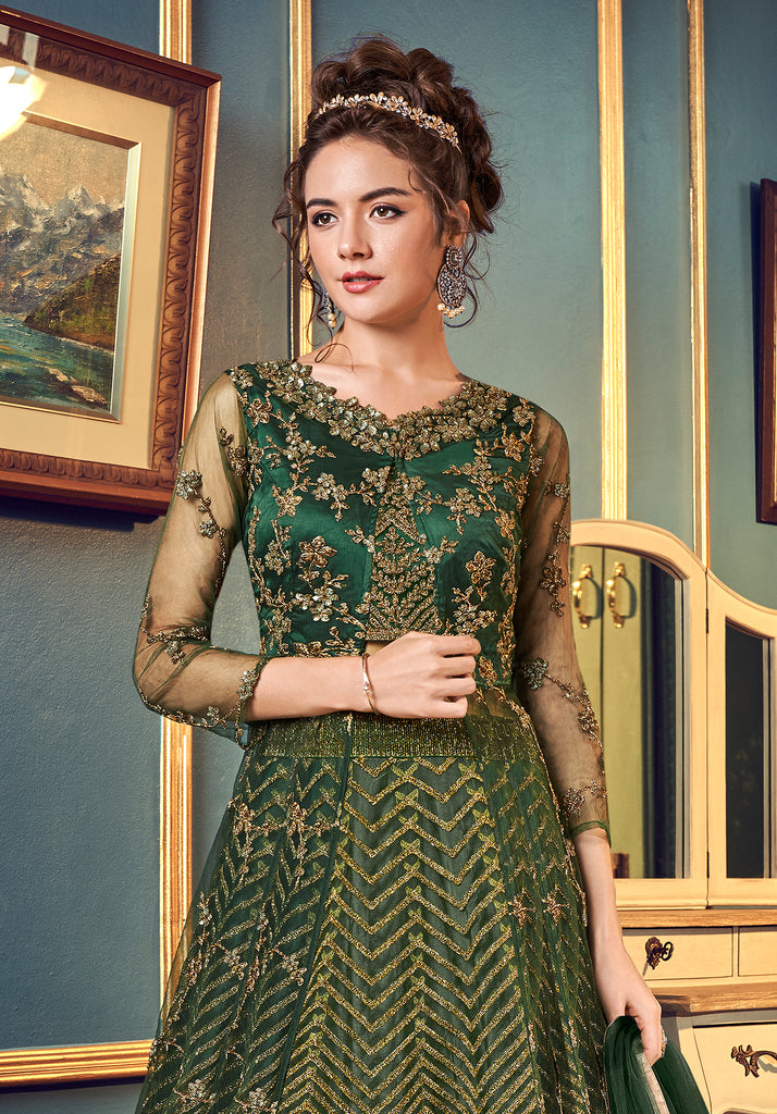 Sage Green Designer Embroidered Satin Bridal Anarkali Gown | Saira's  Boutique
