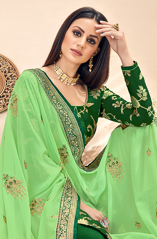 Pine Green & Light Green Designer Embroidered Silk Jacquard Palazzo Suit-Saira's Boutique